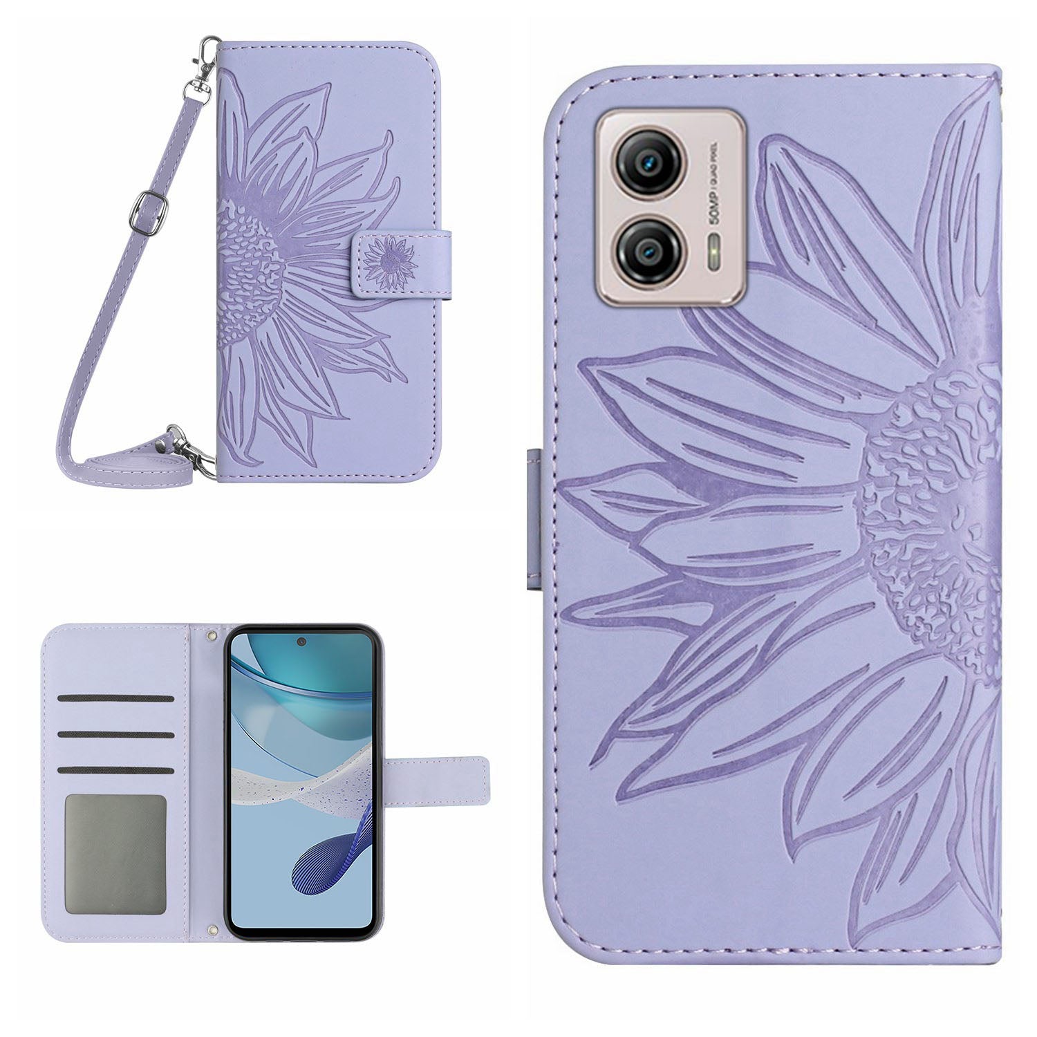 HT04 Stand Wallet Cover for Motorola Moto G53 5G Sunflower Imprinted PU Leather Case with Shoulder Strap HT04 Stand Wallet Cover for Motorola Moto G53 5G Sunflower Imprinted PU Leather Case with Shoulder Strap